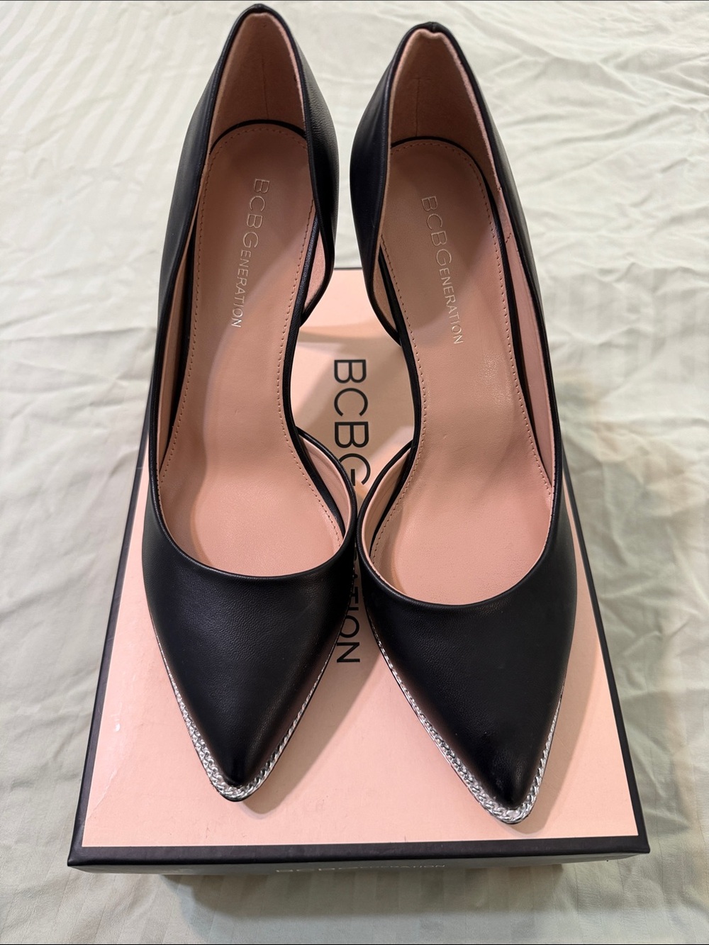 BCBGeneration Black Pointed Toe D'Orsay Pumps with Silver Trim